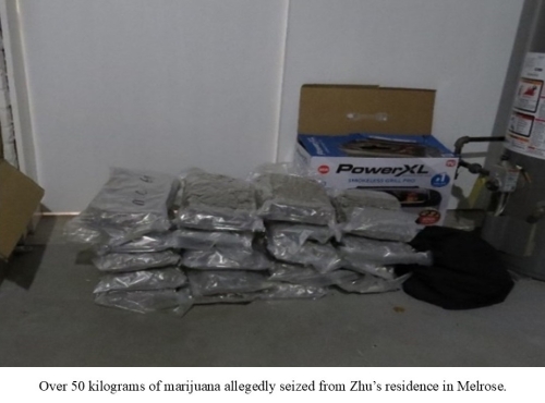 Over 50 kilograms of marijuana allegedly seized from Zhu's residence in Melrose