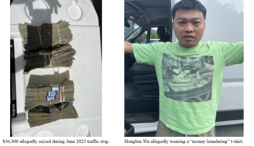 $36,000 allegedly seized during June 2023 traffic stop. Hongbin Wu allegedly wearing a "money laundering" t-shirt