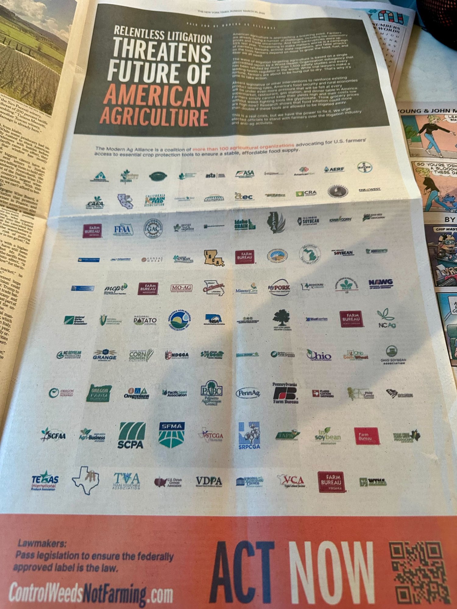 A full-page Bayer ad placed in The New York Times on March 30, 2025. The ad reads in part, A full-page Bayer ad placed in The New York Times on March 30, 2025. The ad reads in part,