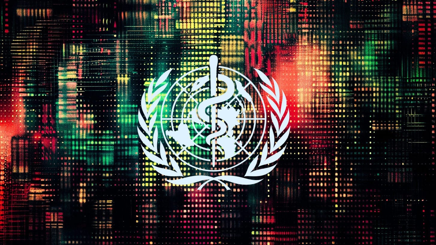 World Health Organization emblem with a rod of Asclepius and a globe, set against a colorful abstract background of red, green, and yellow digital grid patterns World Health Organization emblem with a rod of Asclepius and a globe, set against a colorful abstract background of red, green, and yellow digital grid patterns